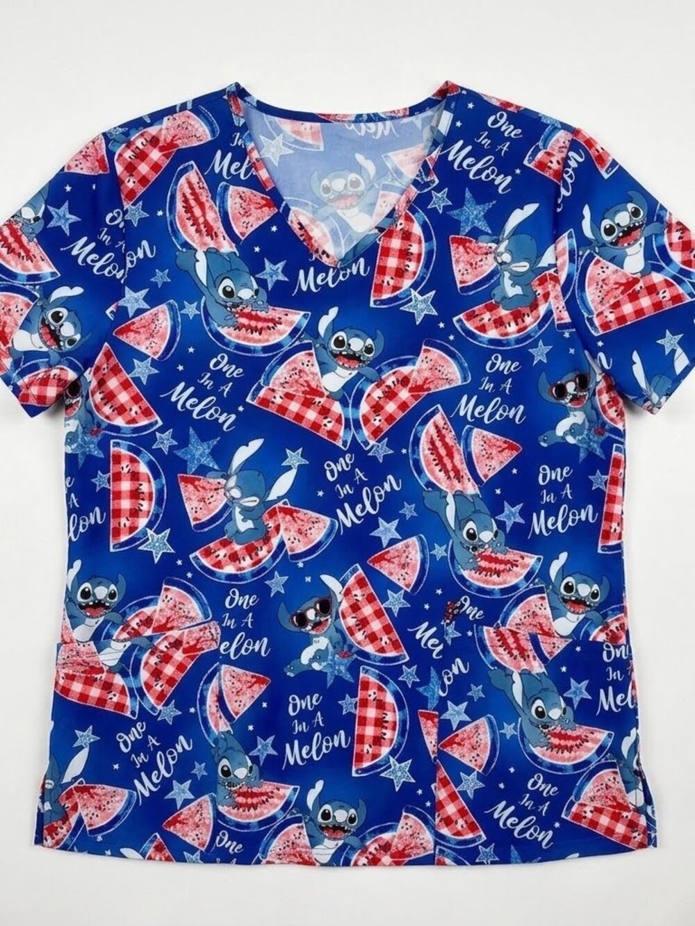 Disney Stitch “One In A Melon” Patriotic Scrub Top Watermelon Print V-Neck nurse
